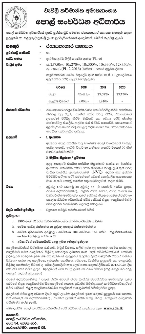 Laboratory Assistant - Coconut Development Authority